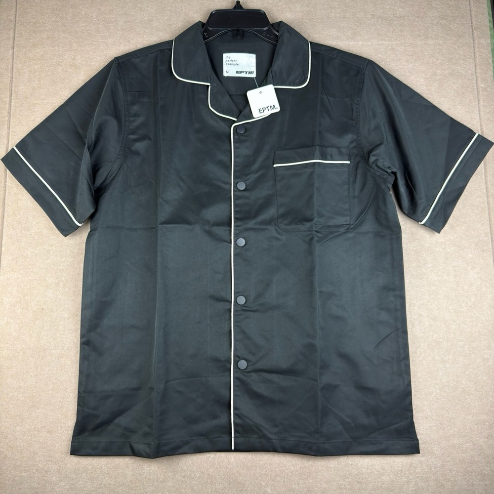 EPTM Pajama Style Shirt Men's M Black White Piping Button Up Short Sleeve Casual
